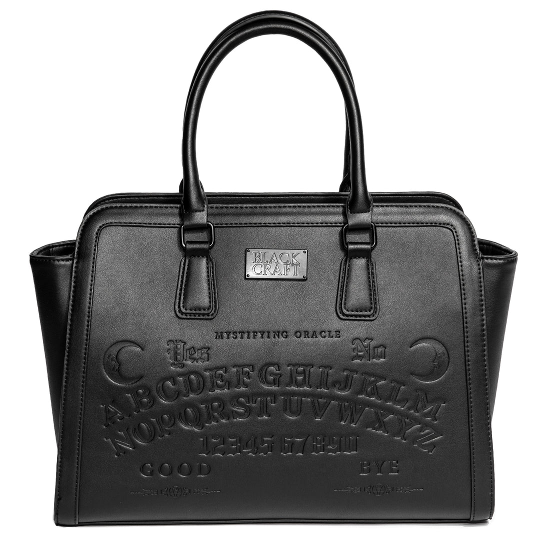 Black faux leather large satchel with our Ouija design embossed on the front. 