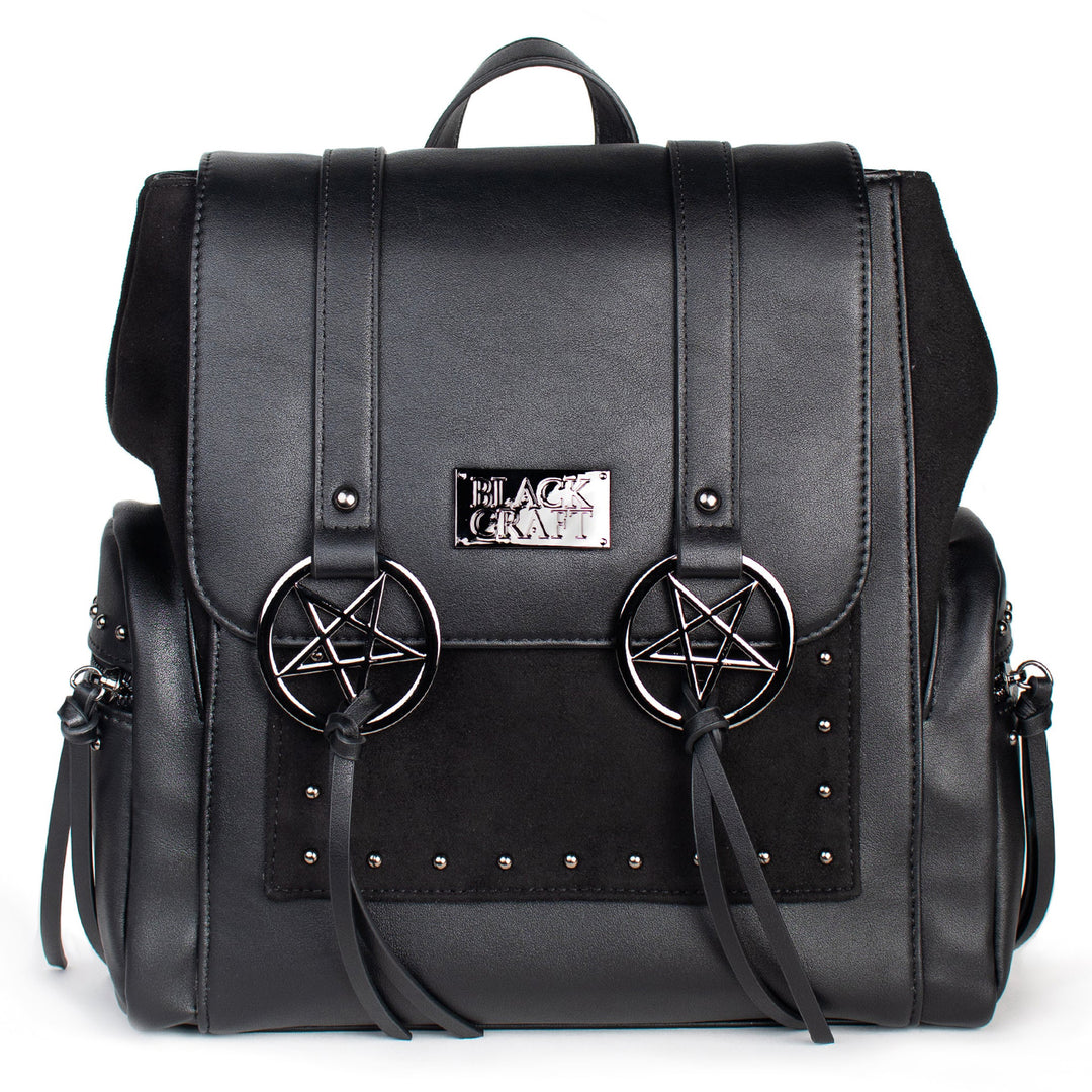 Black backpack with adjustable straps, faux suede detail on front slit pocket and gunmetal finish hardware.