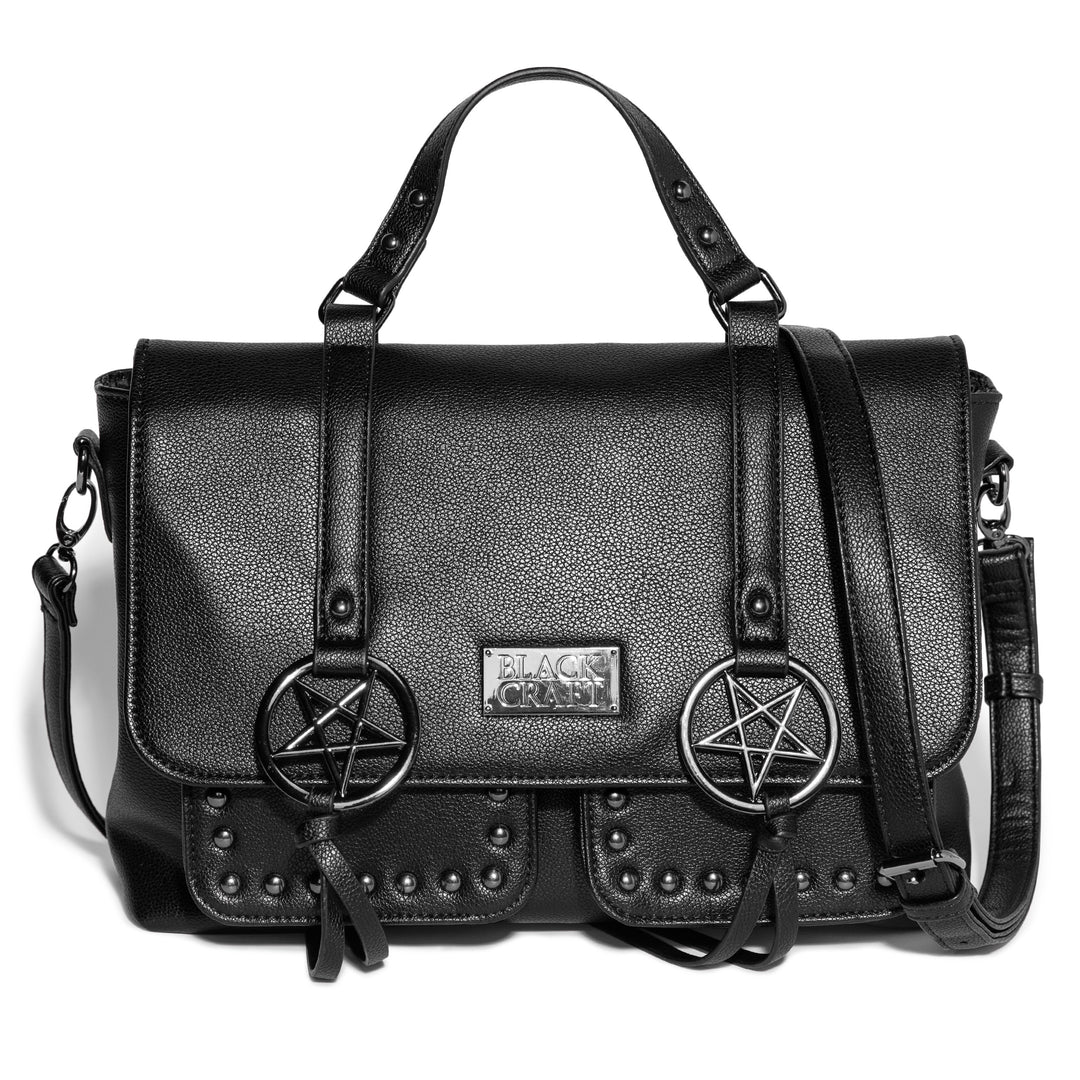 Black faux leather messenger bag with gunmetal finish pentagrams and Blackcraft logo plaque. 