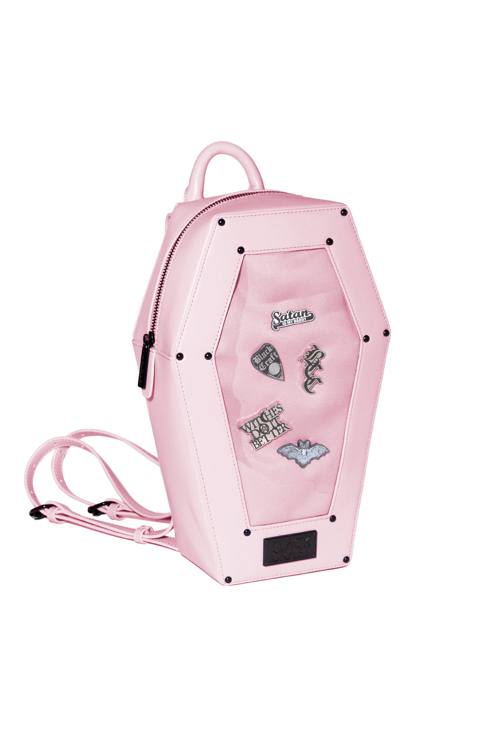 Pink faux leather coffin shaped backpack with a Pin Collecting Window. 