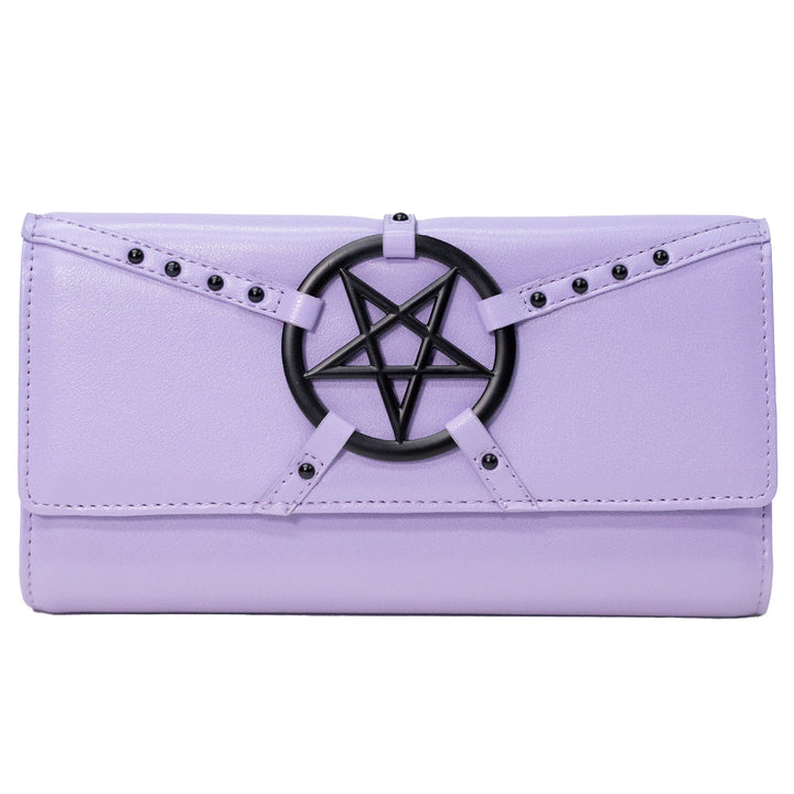 Purple faux leather slim clutch wallet.