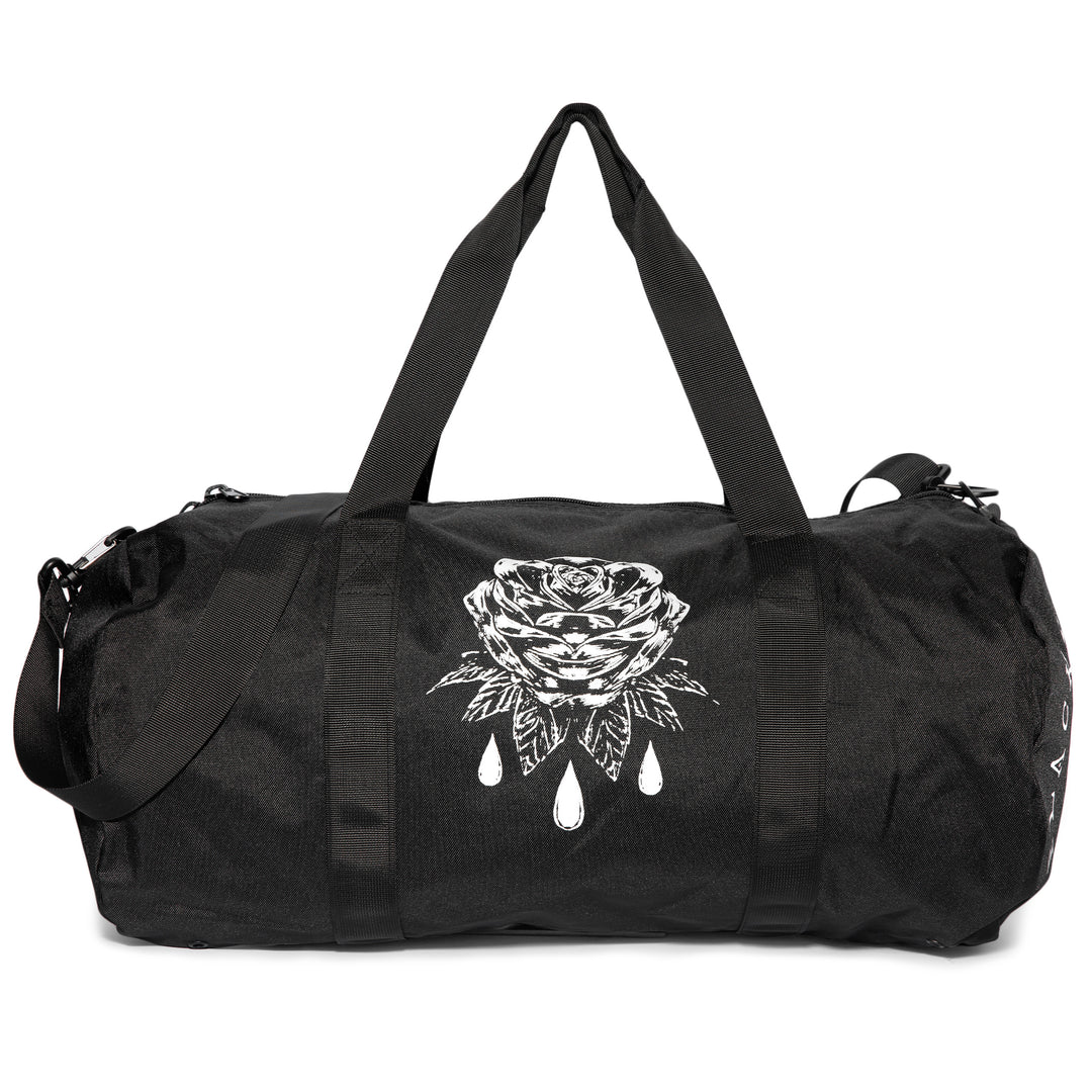 Black polyester duffel bag.