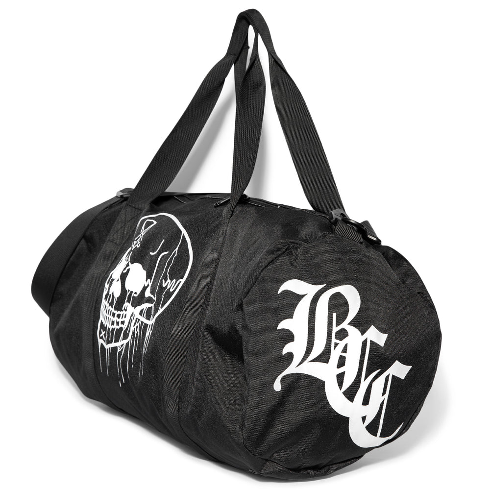 Black polyester duffel bag.