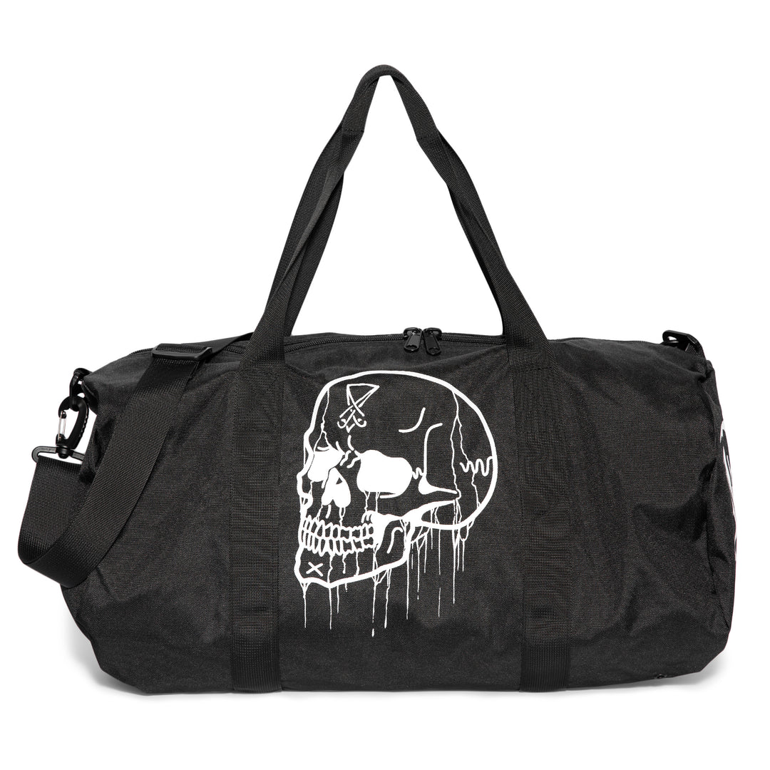 Black polyester duffel bag.