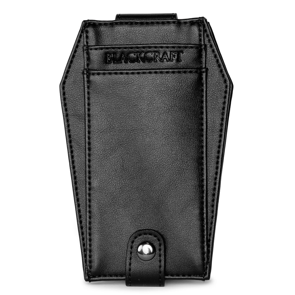 Black faux leather cardholder in coffin shape.