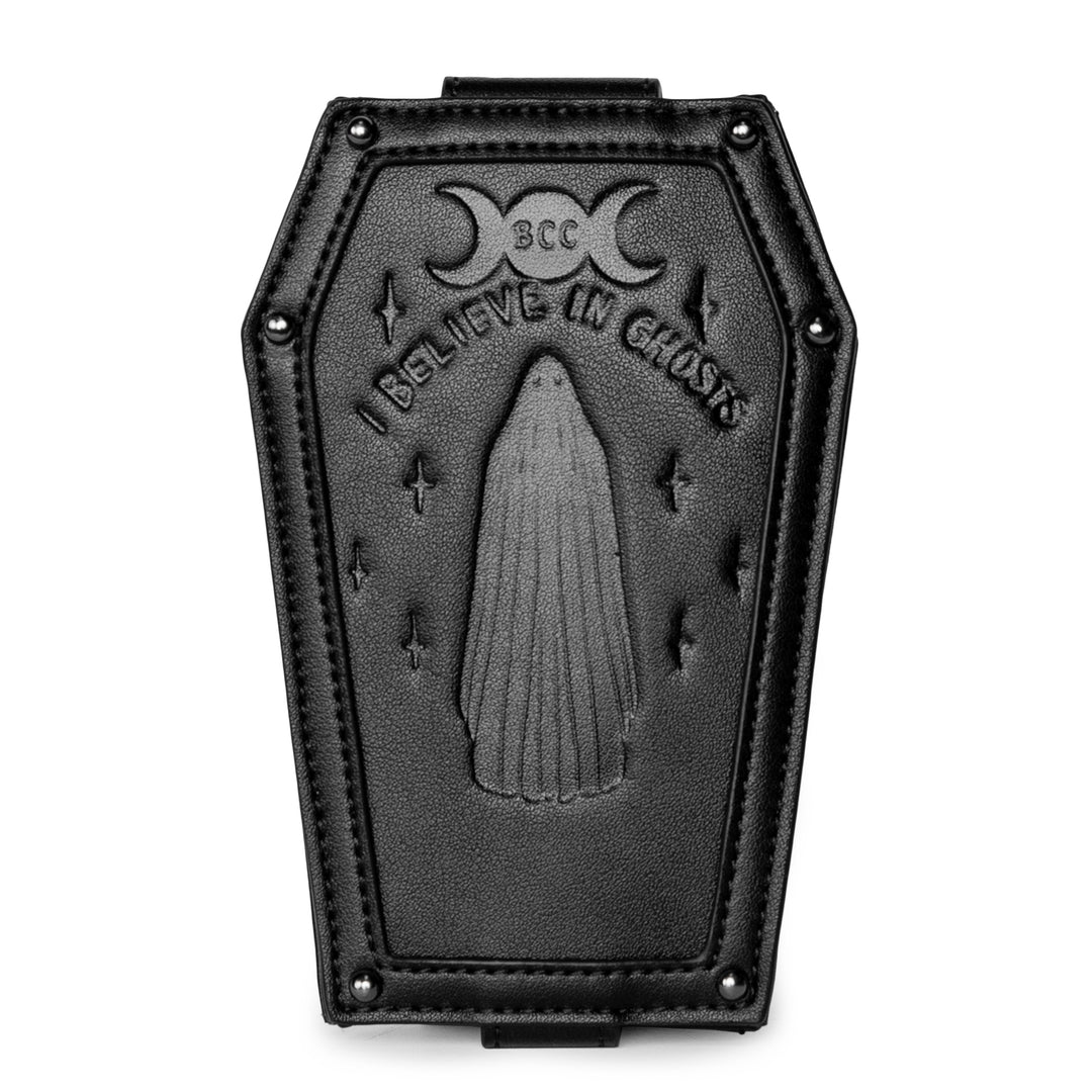 Black faux leather cardholder in coffin shape.