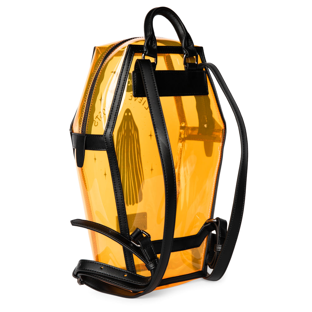 Clear orange tinted PVC coffin shaped backpack with I Believe in Ghosts Stories print on front. 