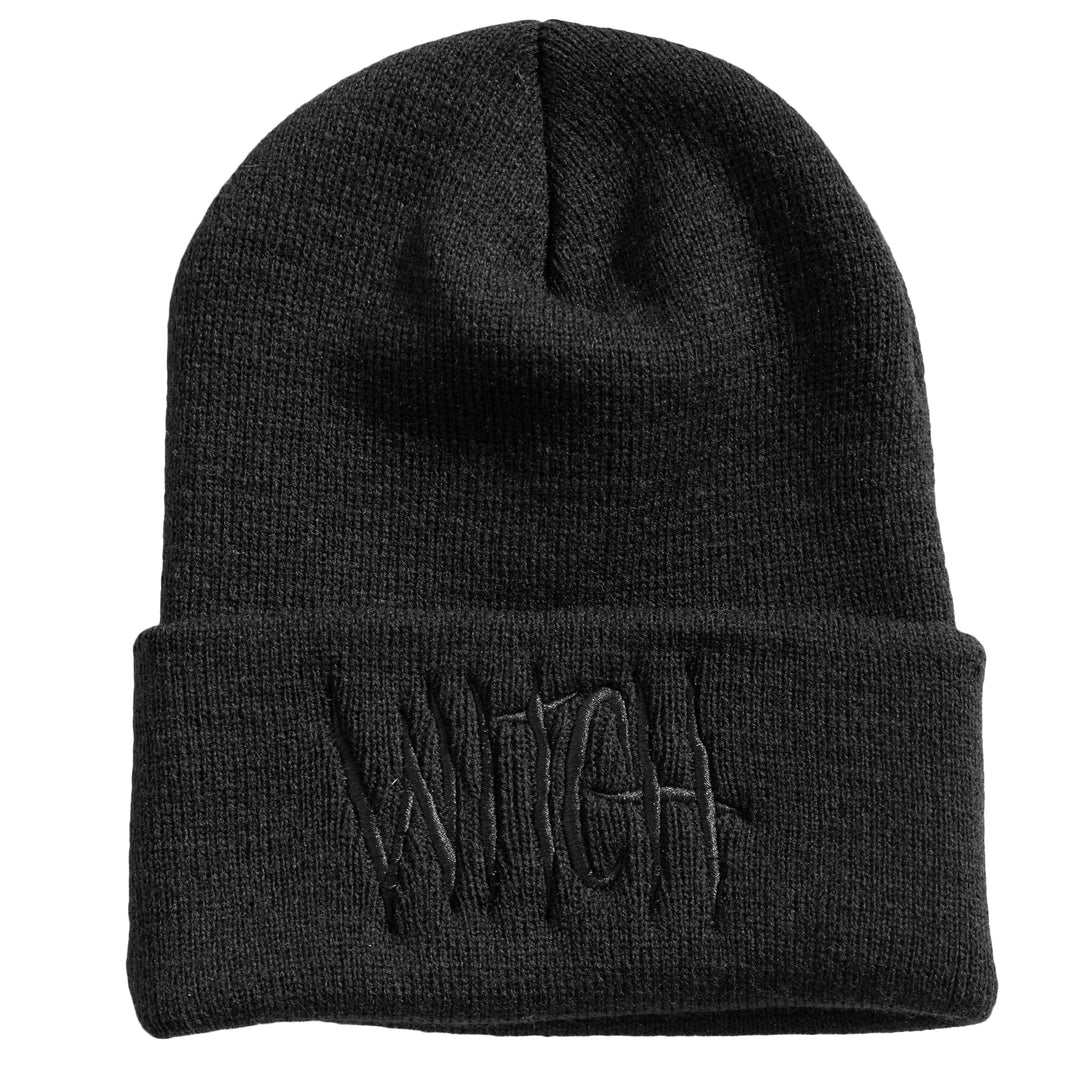 Black beanie with metal witch embroidery on front flap.