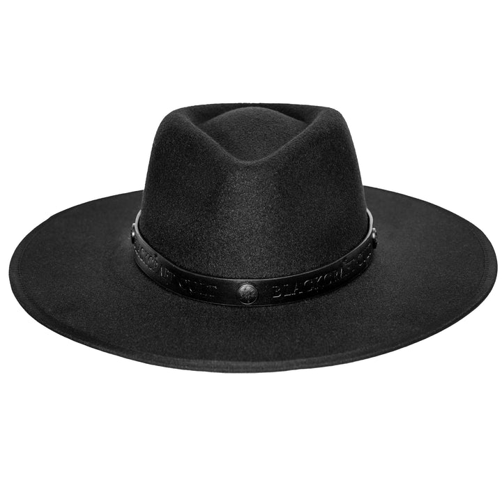 A black wide brimmed fedora hat.