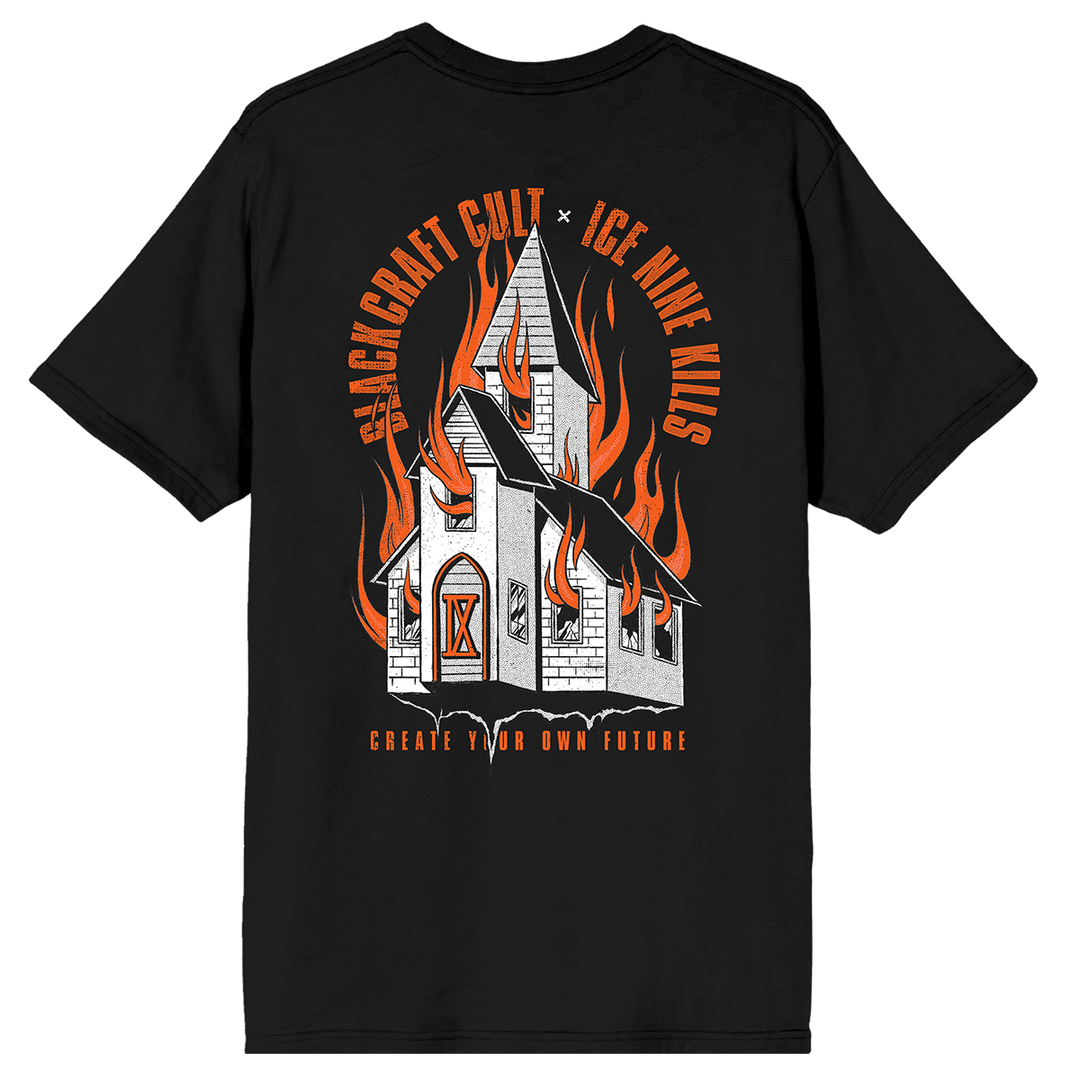 A classic black cotton tee shirt with custom orange and white artwork on the front and back. A limited edition collaboration from Blackcraft and Ice Nine Kills.