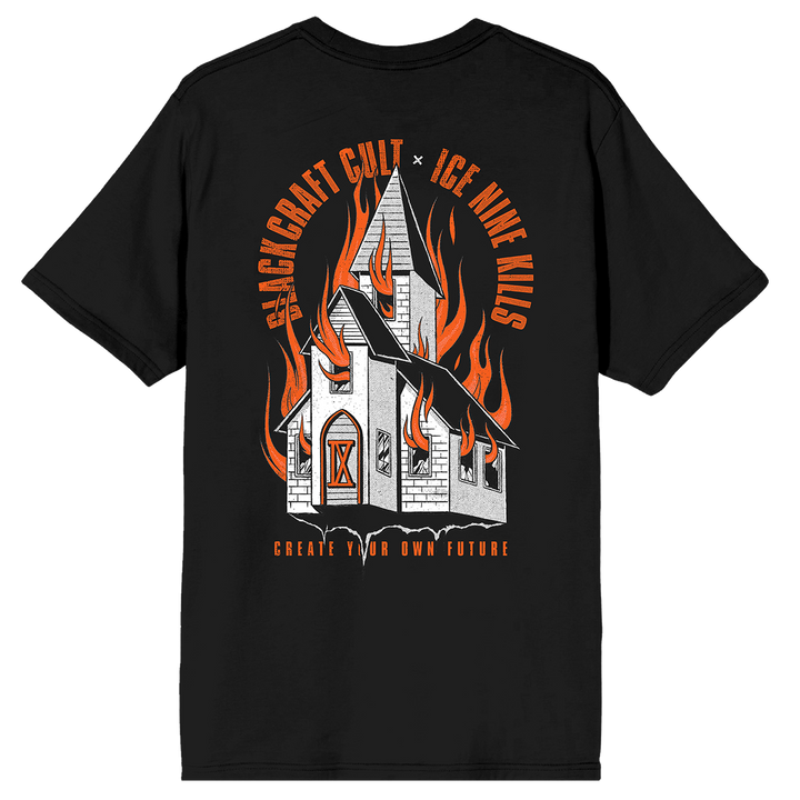 A classic black cotton tee shirt with custom orange and white artwork on the front and back. A limited edition collaboration from Blackcraft and Ice Nine Kills.