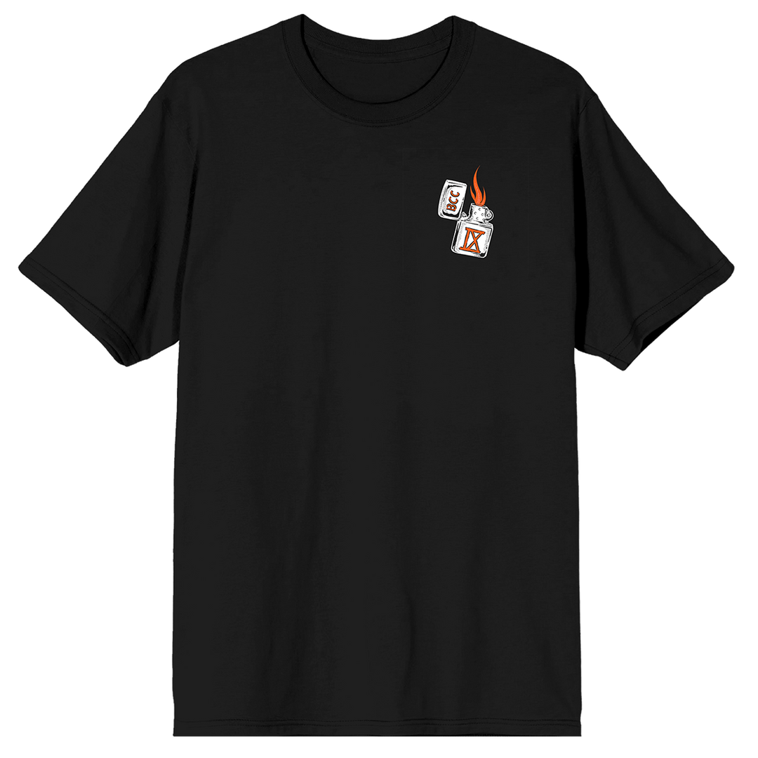 A classic black cotton tee shirt with custom orange and white artwork on the front and back. A limited edition collaboration from Blackcraft and Ice Nine Kills.