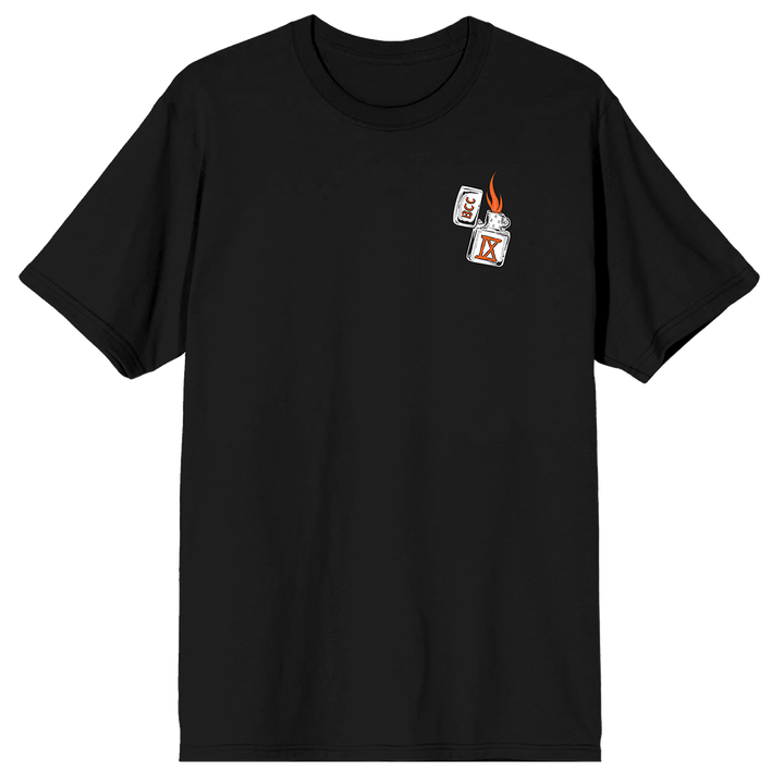 A classic black cotton tee shirt with custom orange and white artwork on the front and back. A limited edition collaboration from Blackcraft and Ice Nine Kills.