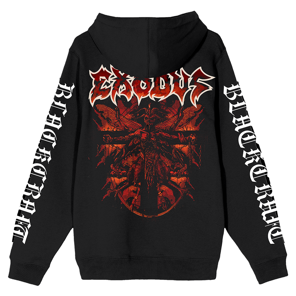 A classic black zip up hoodie with Blackcraft x Exodus artwork and logo across the front, the back, and along the sleeves. 