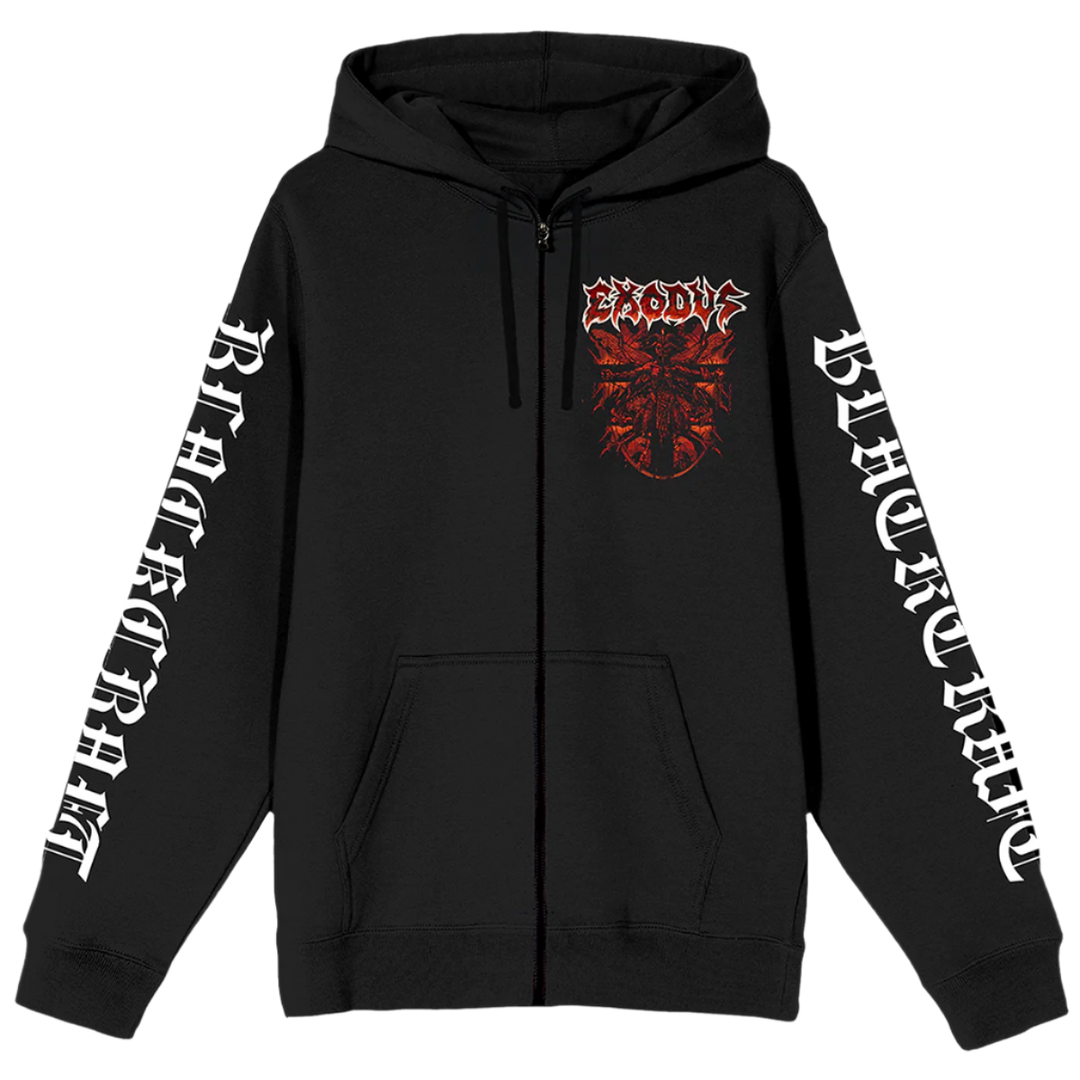 A classic black zip up hoodie with Blackcraft x Exodus artwork and logo across the front, the back, and along the sleeves. 