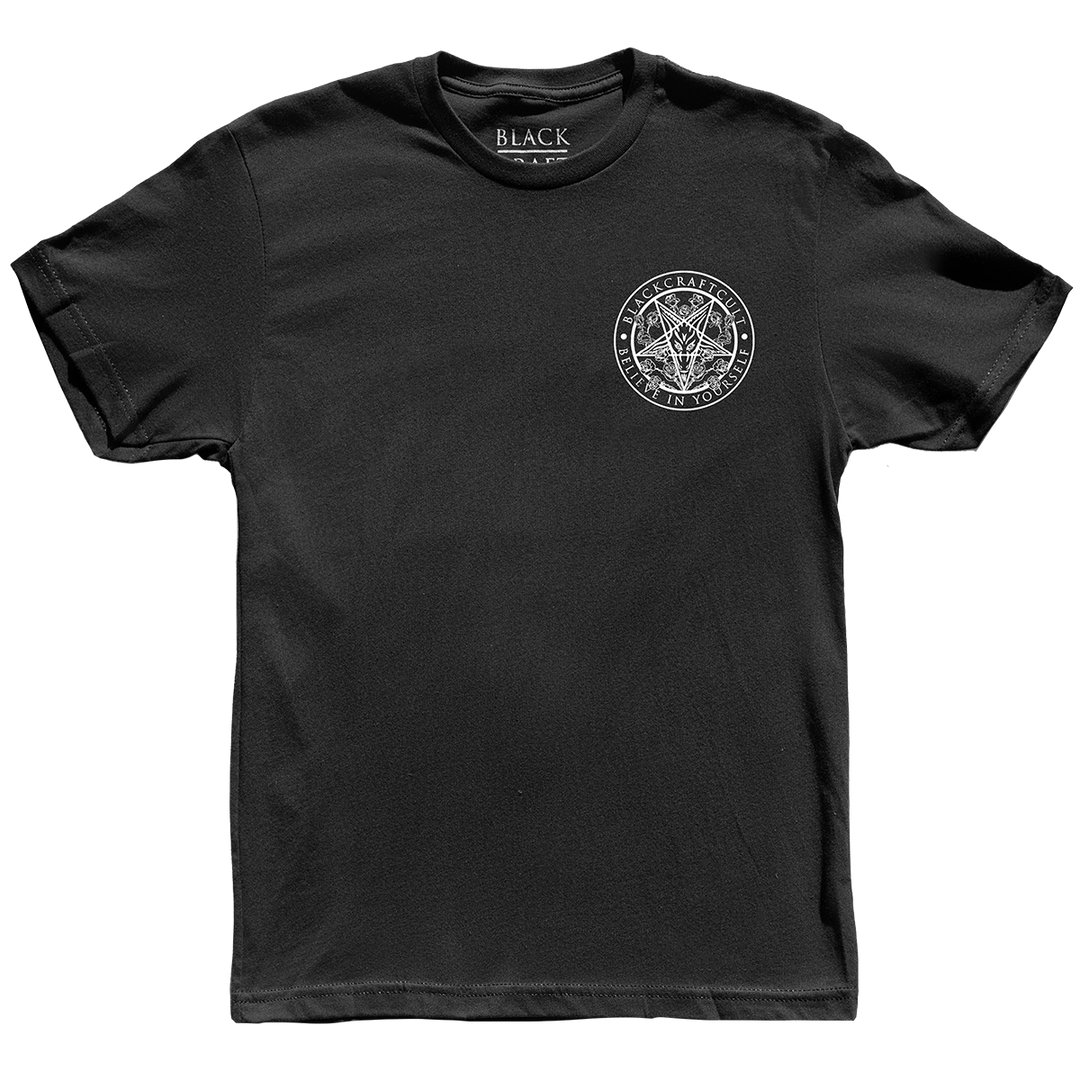 A classic black cotton tee shirt with custom Blackcraft artwork on the front and back. 