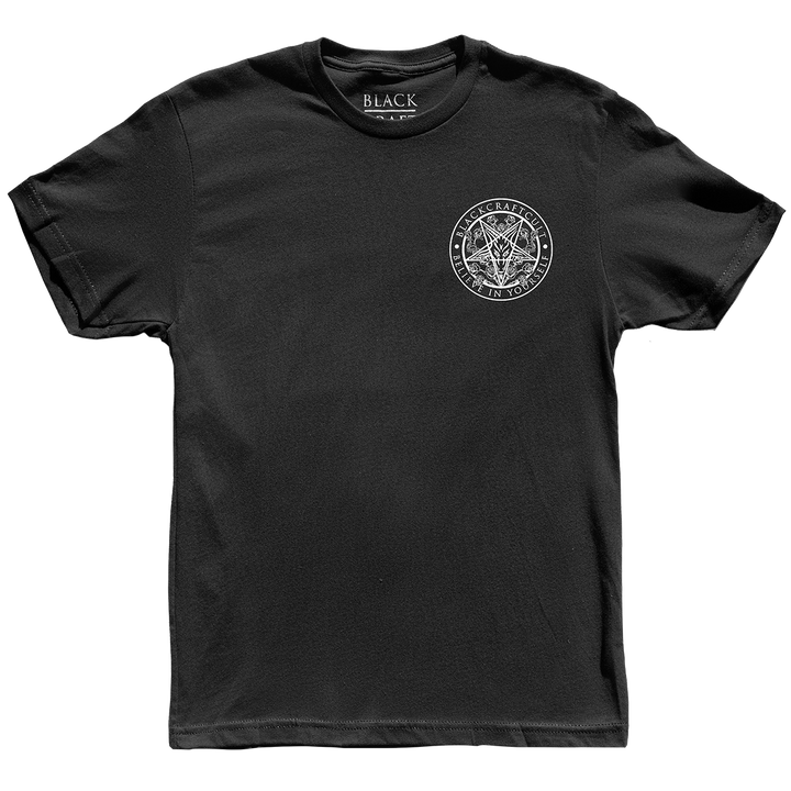 A classic black cotton tee shirt with custom Blackcraft artwork on the front and back. 