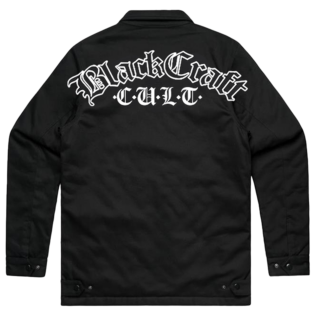 A classic black cotton drill jacket with custom embroidered Blackcraft artwork along the back, the collar, and the front. 