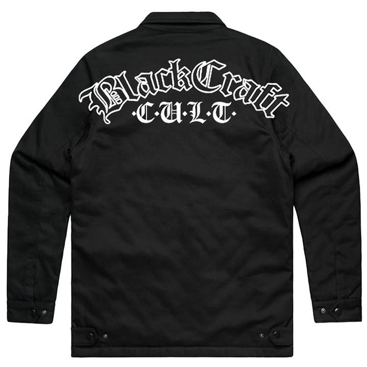 A classic black cotton drill jacket with custom embroidered Blackcraft artwork along the back, the collar, and the front. 