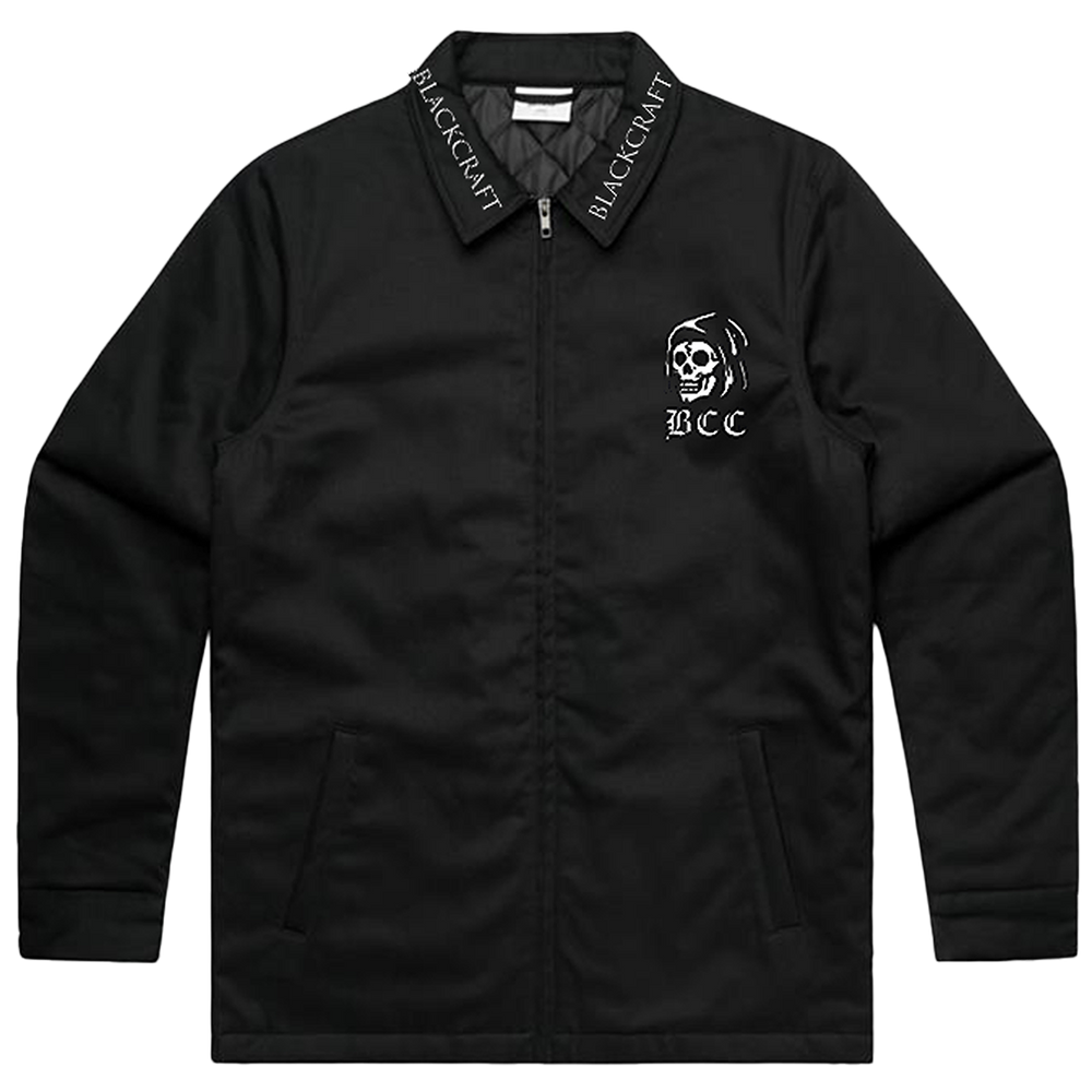 A classic black cotton drill jacket with custom embroidered Blackcraft artwork along the back, the collar, and the front. 