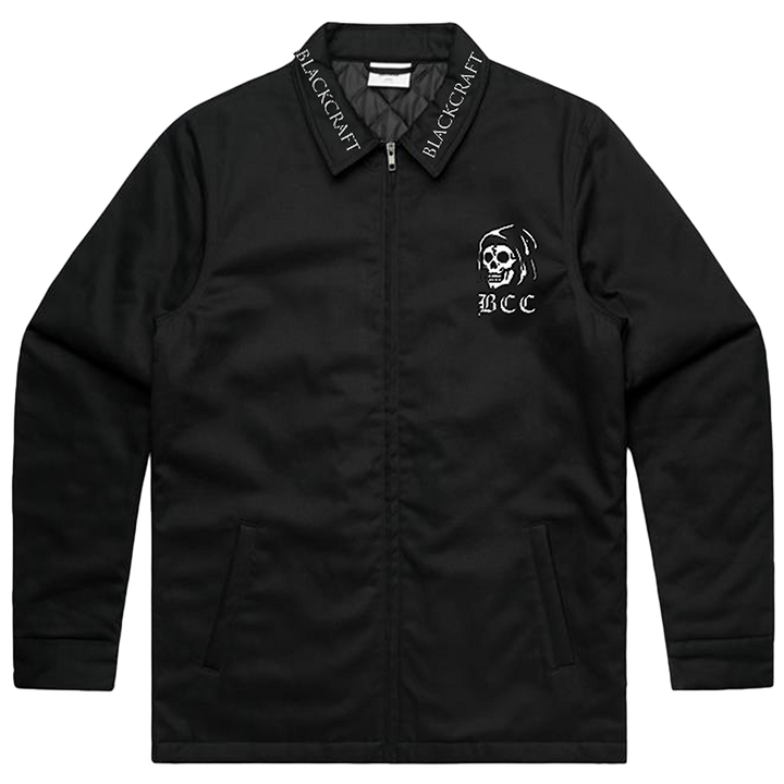 A classic black cotton drill jacket with custom embroidered Blackcraft artwork along the back, the collar, and the front. 