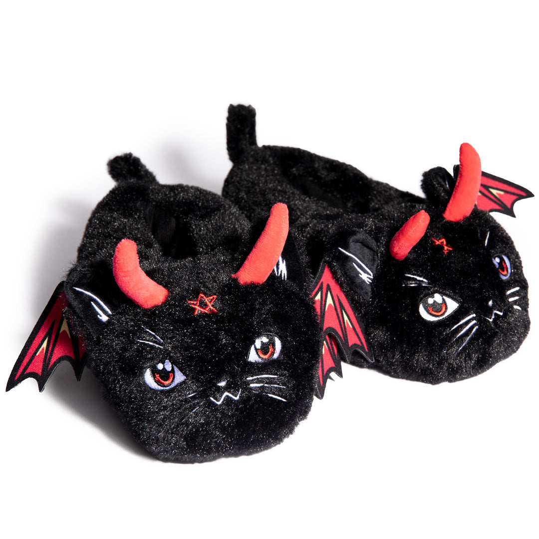 Soft and fuzzy black bat slippers. 