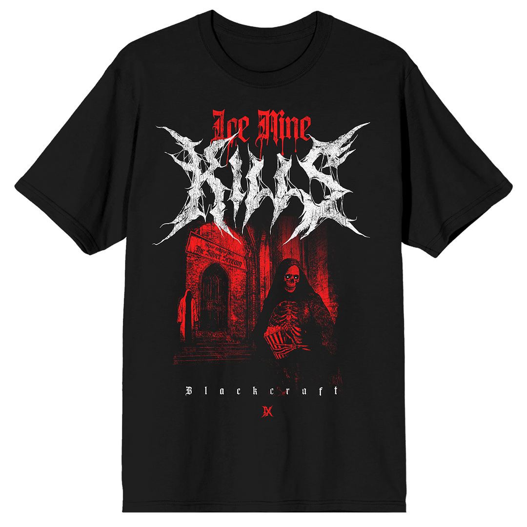 A classic black cotton tee shirt with custom red and white artwork and logos across the front. A limited edition collaboration from Blackcraft and Ice Nine Kills.