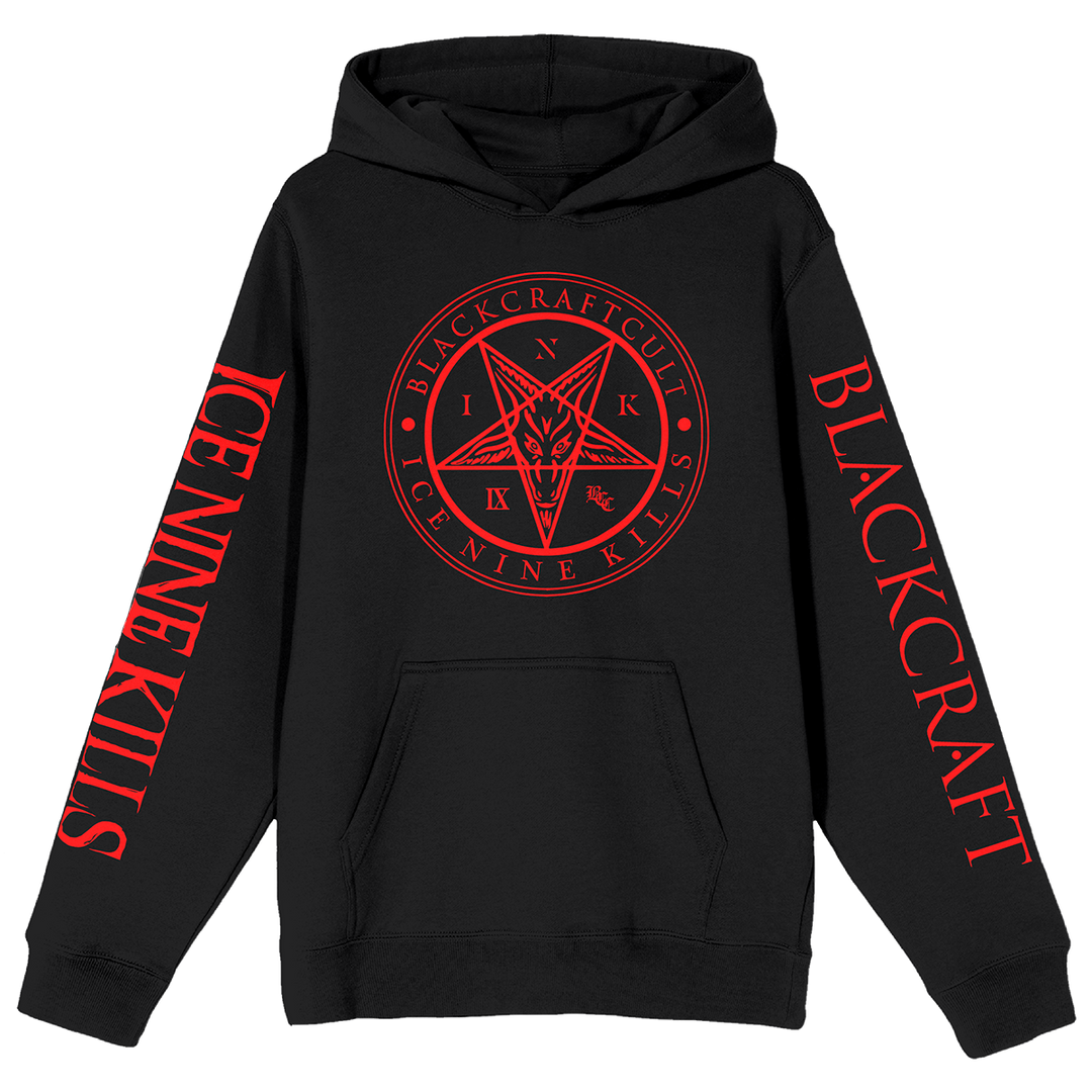 A classic black pullover hoodie with custom red artwork and logos across the front and along the sleeves. A limited edition collaboration from Blackcraft and Ice Nine Kills.