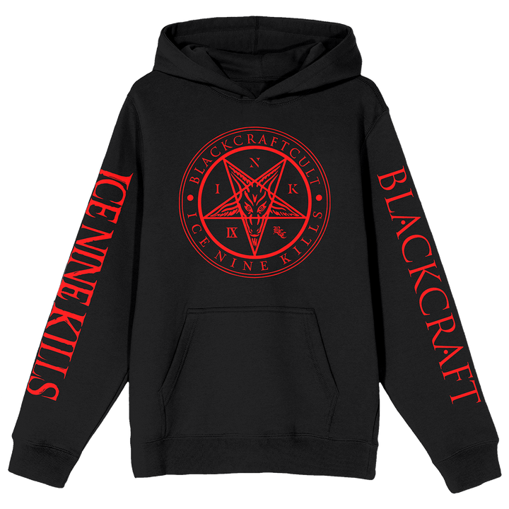 A classic black pullover hoodie with custom red artwork and logos across the front and along the sleeves. A limited edition collaboration from Blackcraft and Ice Nine Kills.