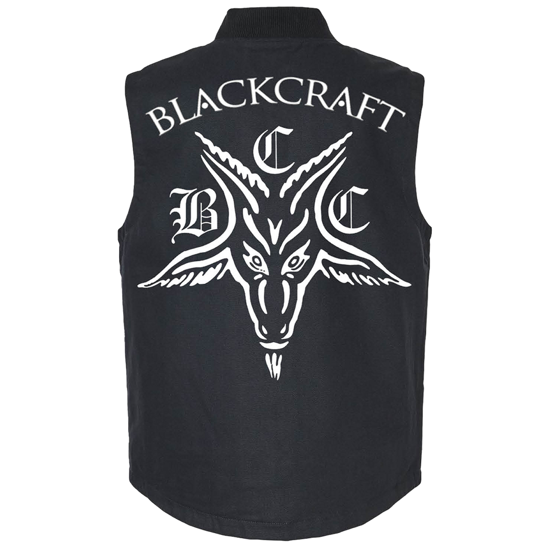 A black cotton canvas work wear vest with custom Blackcraft artwork on the front and back.