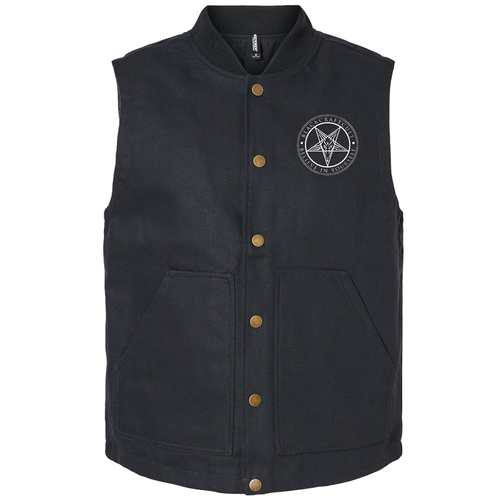 A black cotton canvas work wear vest with custom Blackcraft artwork on the front and back.