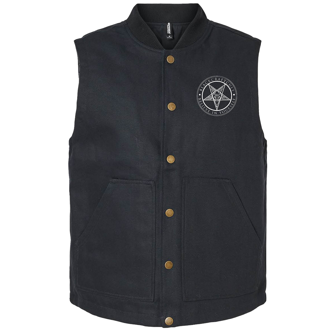 A black cotton canvas work wear vest with custom Blackcraft artwork on the front and back.