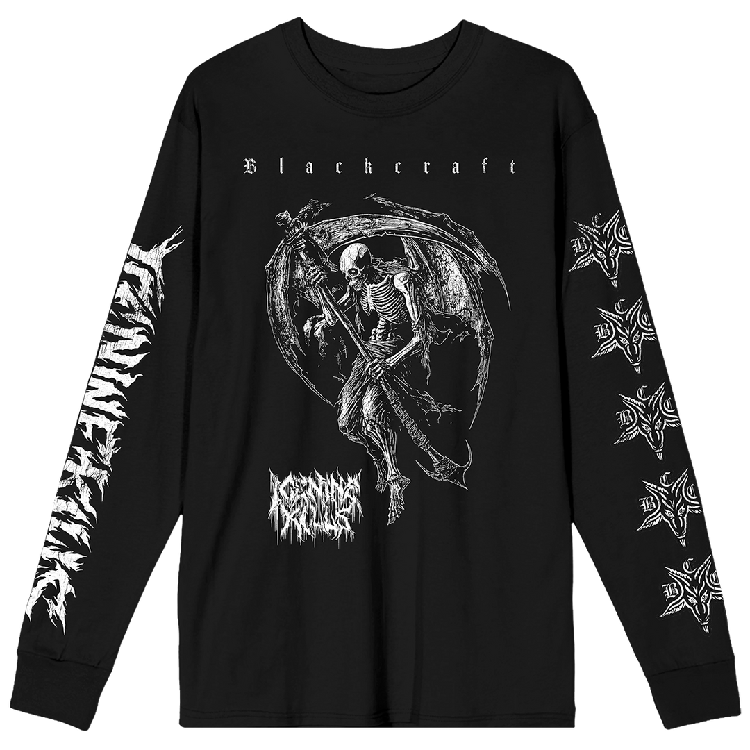 A classic black long sleeve tee shirt with custom white artwork and logos across the front and along the sleeves. A limited edition collaboration from Blackcraft and Ice Nine Kills.