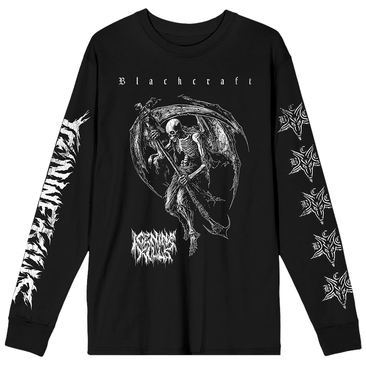 A classic black long sleeve tee shirt with custom white artwork and logos across the front and along the sleeves. A limited edition collaboration from Blackcraft and Ice Nine Kills.