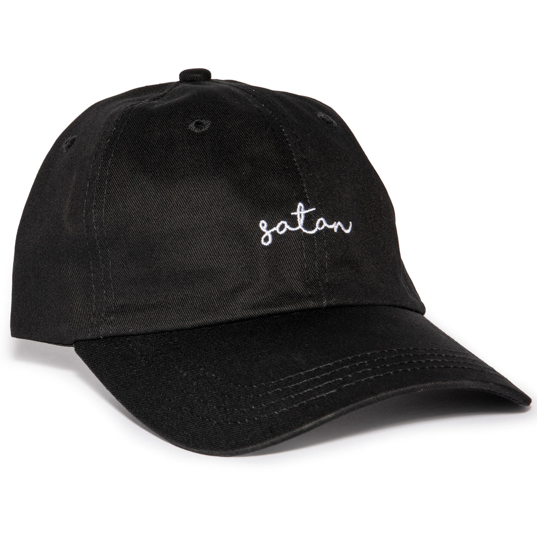 A classic black hat with satan on the front.