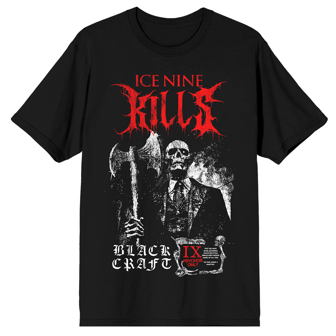 A classic black cotton tee shirt with custom red and white artwork and logos across the front. A limited edition collaboration from Blackcraft and Ice Nine Kills.