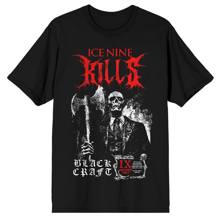 A classic black cotton tee shirt with custom red and white artwork and logos across the front. A limited edition collaboration from Blackcraft and Ice Nine Kills.