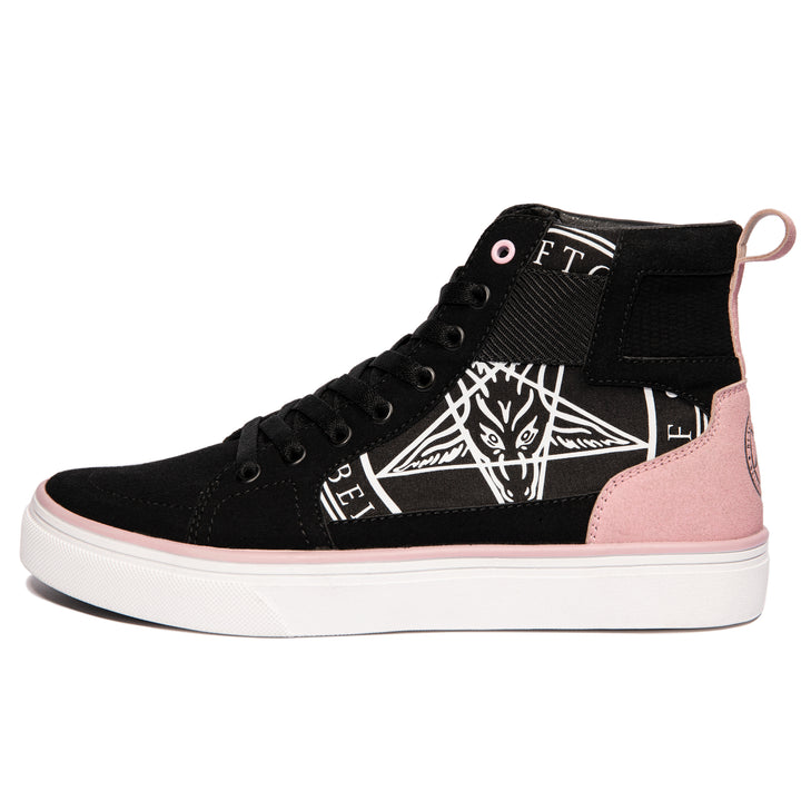 A pair of high top sneakers in pink and black. 