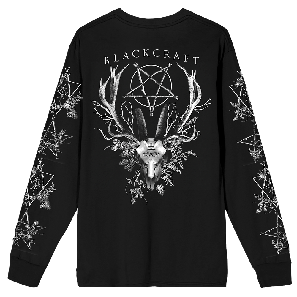 A classic black long sleeve tee with custom Blackcraft artwork across the front, back, and along the sleeves. 