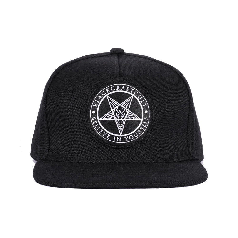 A classic black snapback hat with patch on the front.