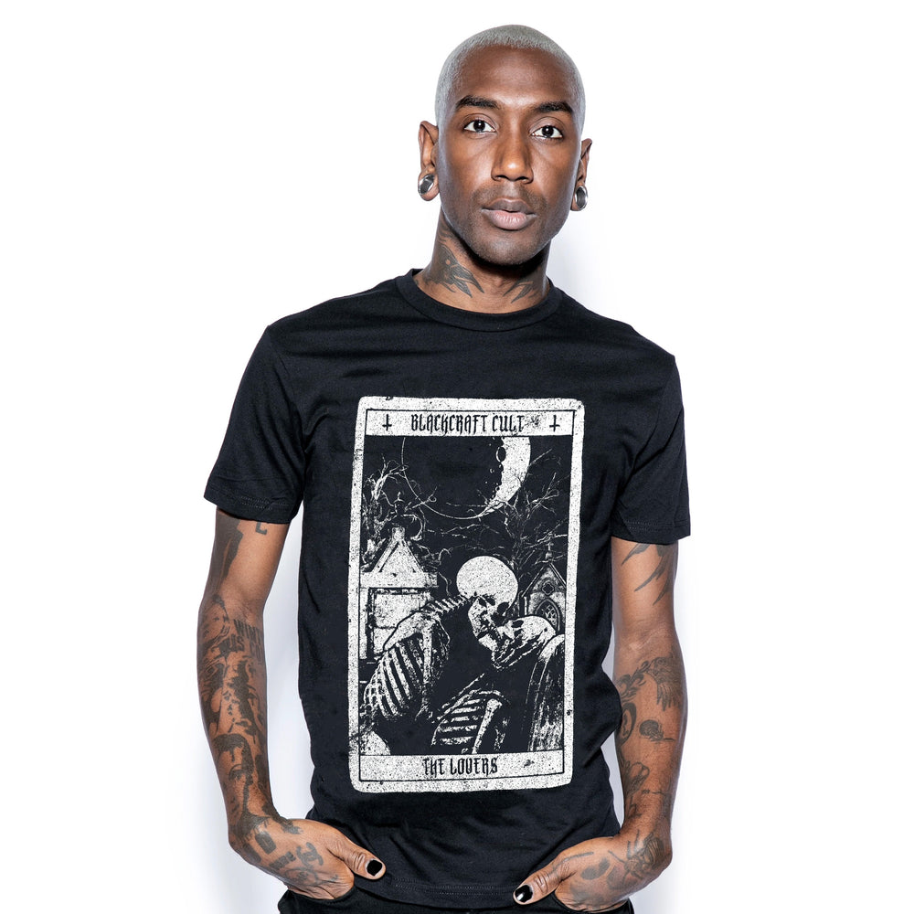 A model wearing a classic black cotton tee with custom Blackcraft artwork on the front. 