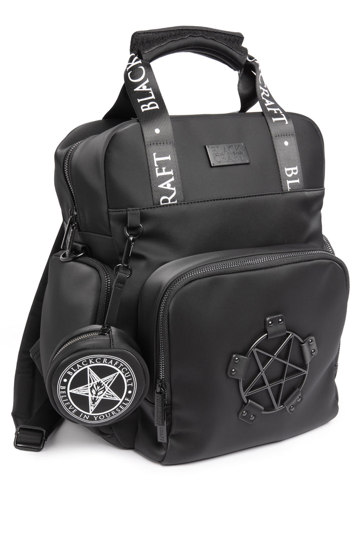 Black nylon diaper bag with top handle, removable and adjustable strap, and backpack straps for multiple options for wear.