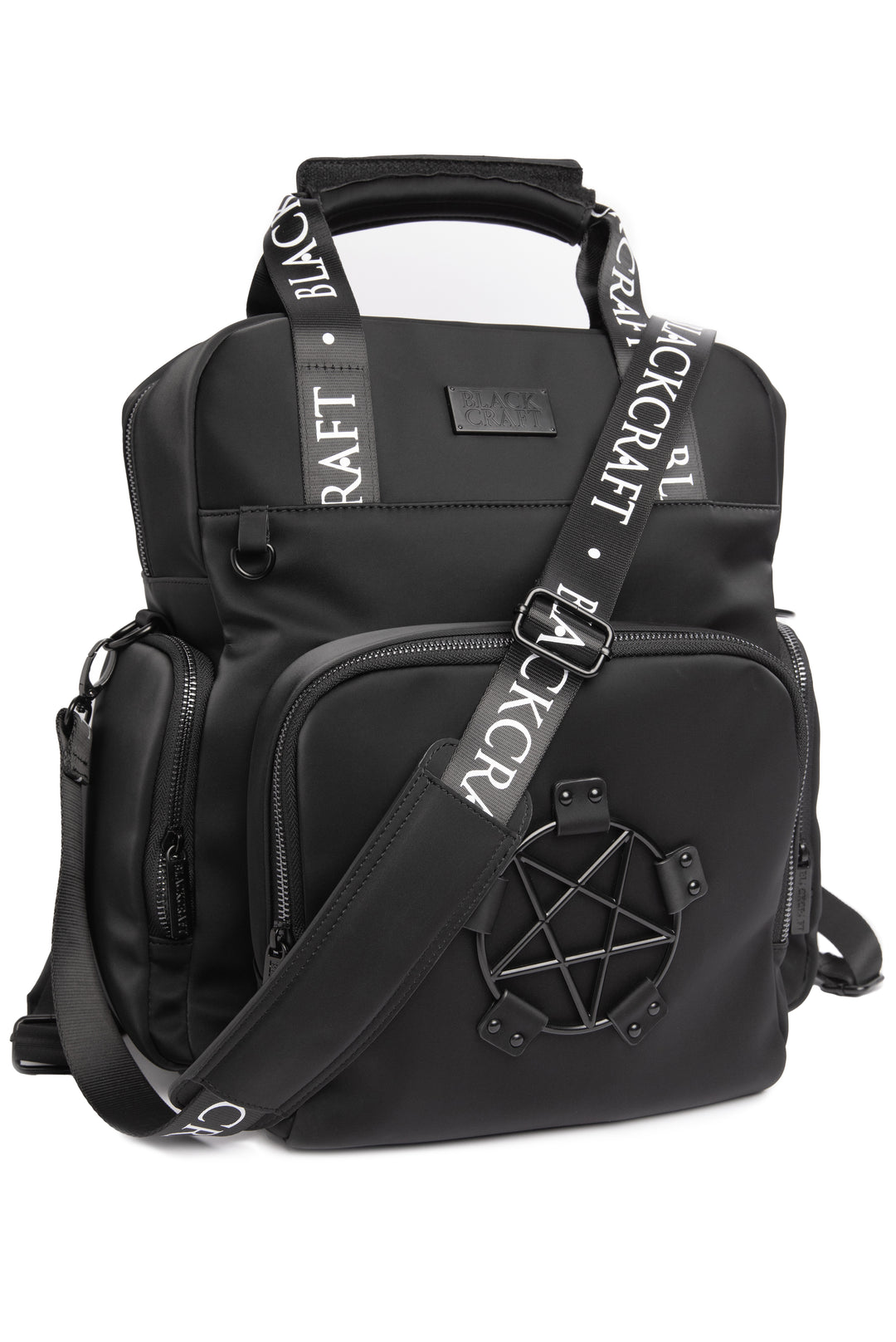 Black nylon diaper bag with top handle, removable and adjustable strap, and backpack straps for multiple options for wear.