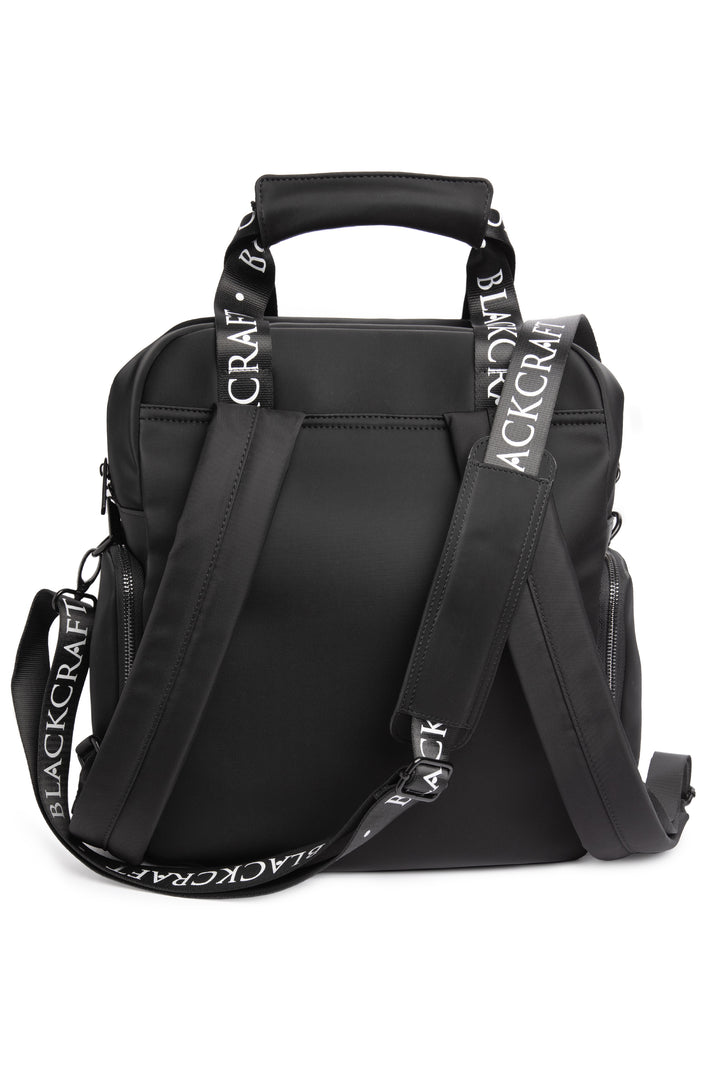 Black nylon diaper bag with top handle, removable and adjustable strap, and backpack straps for multiple options for wear.