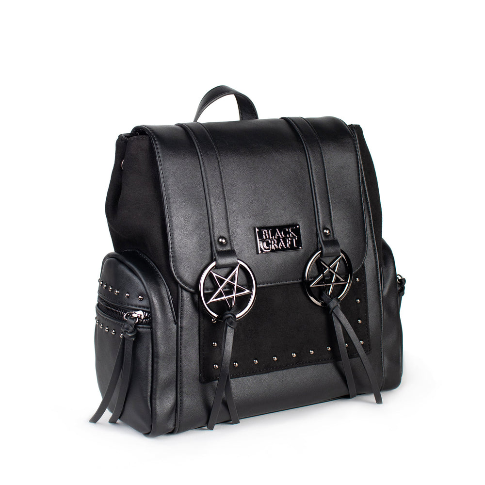 Black backpack with adjustable straps, faux suede detail on front slit pocket and gunmetal finish hardware.