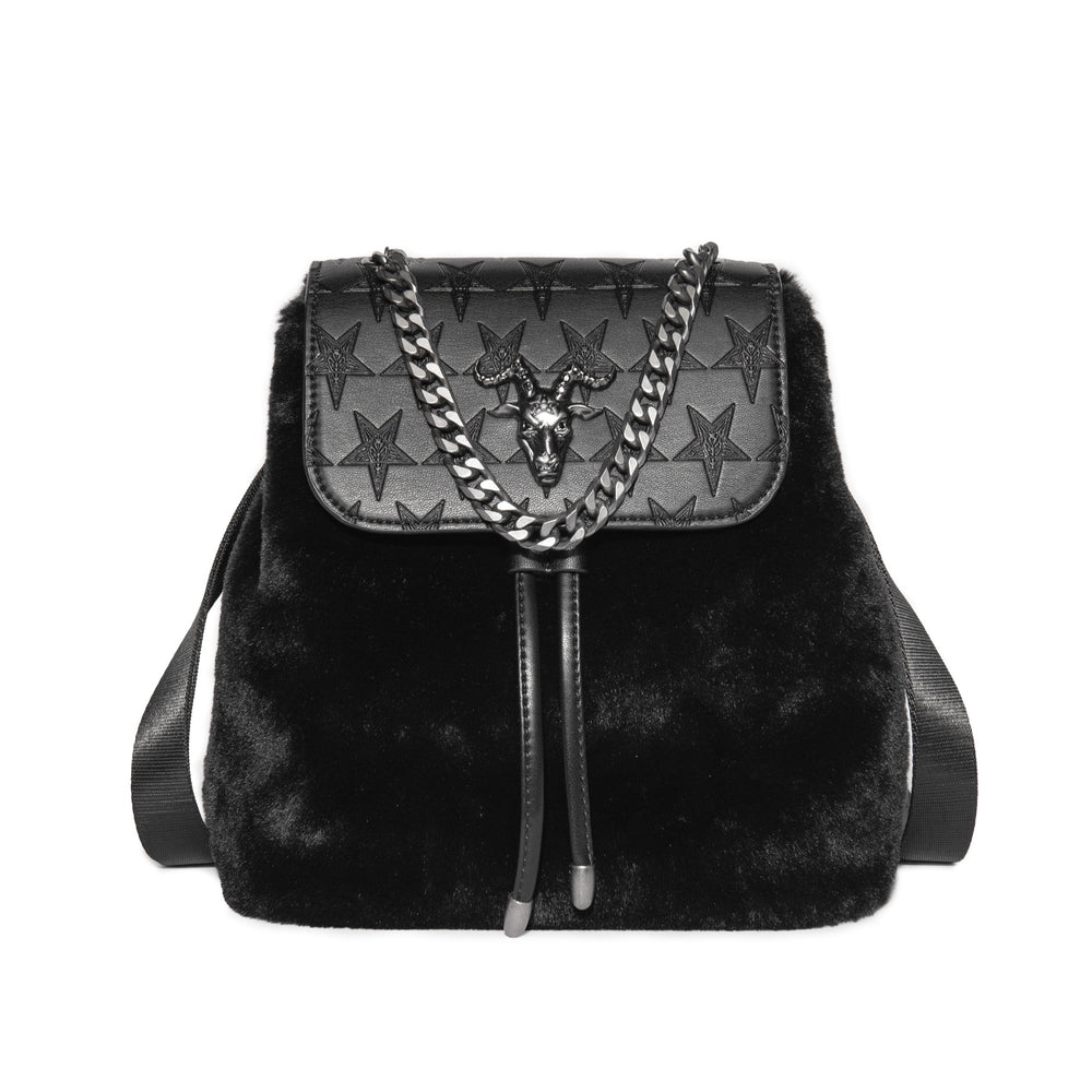 Black mini faux fur backpack with drawstring closure. 