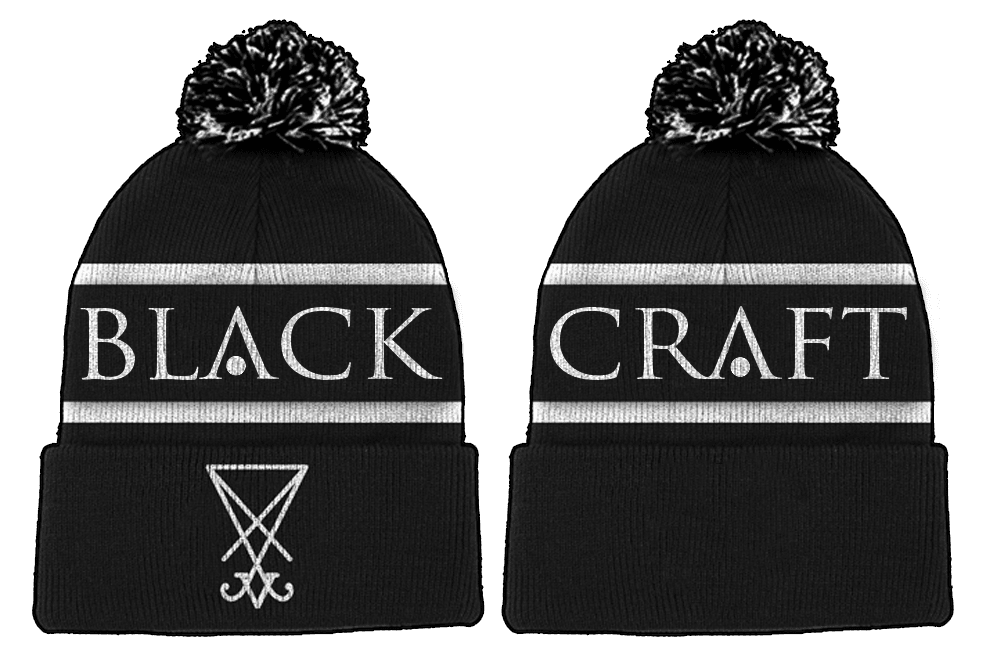 A black bobble beanie with Blackcraft across the circumference.