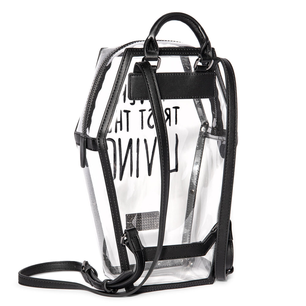 Clear PVC coffin shaped backpack with Never Trust the Living print on front. 