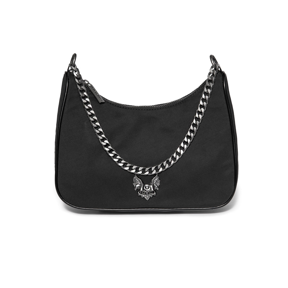 Black nylon crossbody bag with chain top handle and removable coin purse attachment.