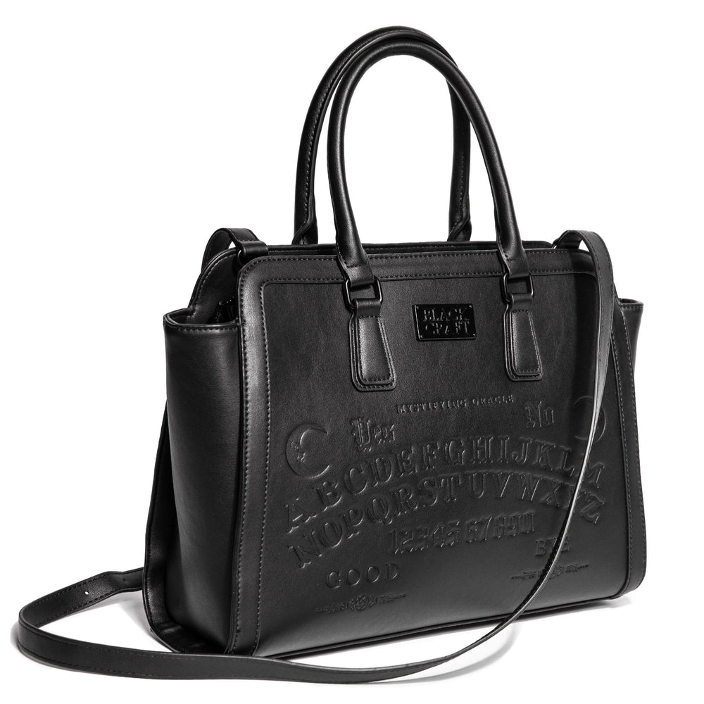 Black faux leather large satchel with our Ouija design embossed on the front. 